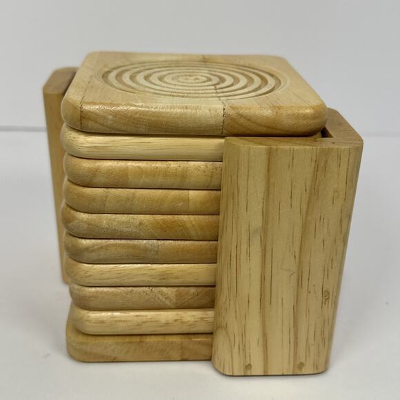 Set of 8 Wooden Drink Coasters with Holder Engraved Circles Rustic Decor - Picture 2 of 9